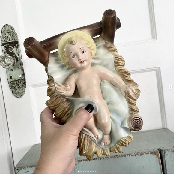 Vintage Baby Jesus Creche Statue Chippy Chalkware Nativity Figure XL REPAIRED - Picture 1 of 10